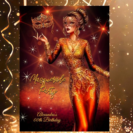 Masquerade Birthday Gold Copper Stunning Dress Einladung