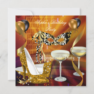 Masquerade Birthday Gold Stiletto Champagne Party Einladung
