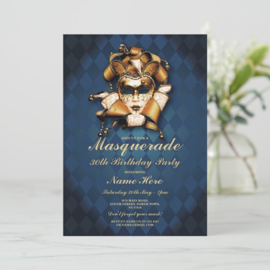 Masquerade Birthday Party Blue Gold Maske Einladun Einladung (Stehend Vorderseite)