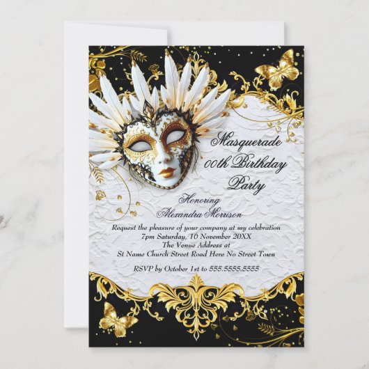Masquerade birthday Party Gold Black White Mask Einladung (Vorderseite)