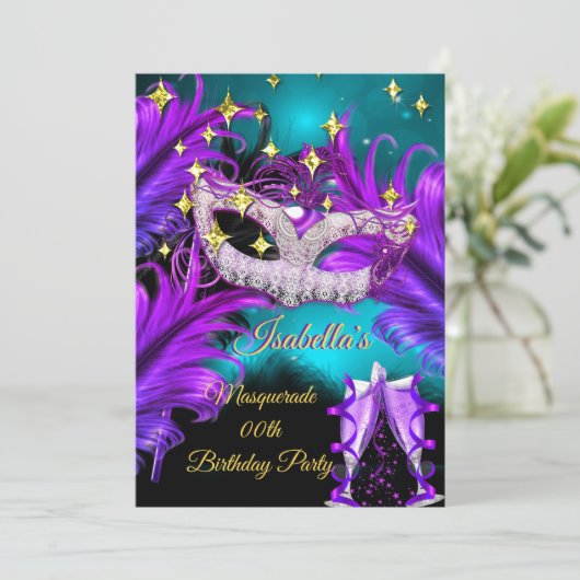 Masquerade Birthday Party Maske Aquamarin Lila sch Einladung (Stehend Vorderseite)