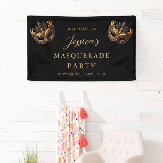 Masquerade Black Gold Geburtstag Willkommen Banner (Insitu)