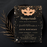 Masquerade Black Gold Geburtstagsbudget Einladung Flyer<br><div class="desc">Für eine elegante Masquerade,  50. (oder jedes Alter) Geburtstag. Ein stilvoller schwarzer Hintergrund. Mit Imitaten vergoldeten Glitzer Staub und eine Maskerade Maske dekoriert. Personalisieren und fügen Sie Namen,  Alter und Party Details hinzu. Der Name wird mit einem handgeschriebenen Stilskript geschrieben</div>