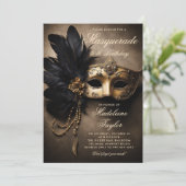 Masquerade Black Gold Maske Moody 50. Geburtstag Einladung (Stehend Vorderseite)