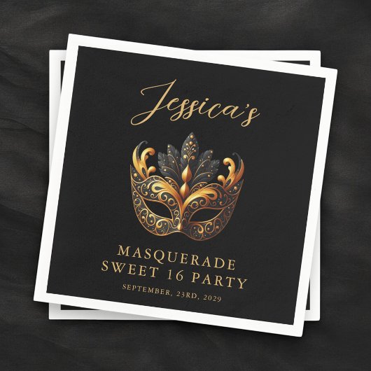 Masquerade Black Gold Sweet 16 Birthday Party Serviette