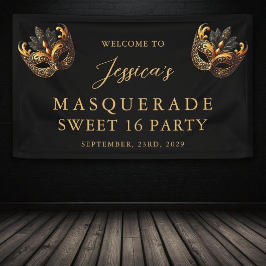 Masquerade Black Gold Sweet 16 Birthday Welcome Banner
