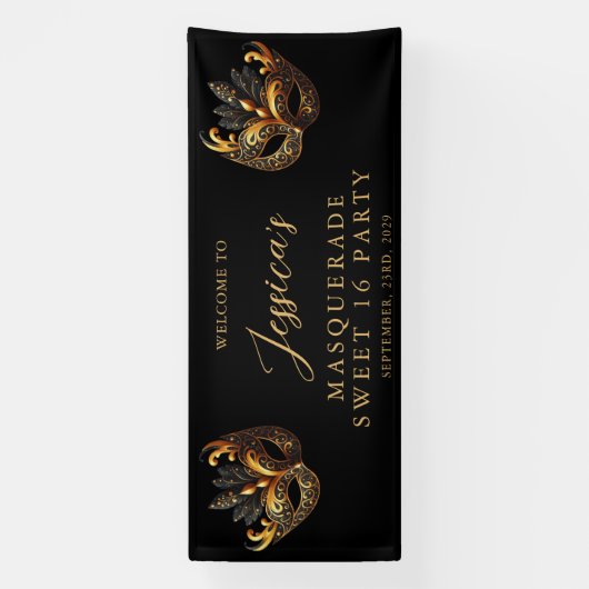 Masquerade Black Gold Sweet 16 Birthday Welcome Banner (Vertikal)