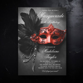 Masquerade Black Red Elegant Chic 50. Geburtstag Einladung