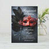 Masquerade Black Silver Red Navy 50. Geburtstag Einladung (Stehend Vorderseite)