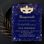 Masquerade Blue Gold Geburtstagsbudget Einladung<br><div class="desc">Für eine elegante Masquerade,  50. (oder jedes Alter) Geburtstag. Ein stilvoller marineblauer Hintergrund. Mit Imitaten vergoldeten Glitzer Staub und eine Maskerade Maske dekoriert. Personalisieren und fügen Sie Namen,  Alter und Party Details hinzu. Der Name wird mit einem handgeschriebenen Stilskript geschrieben</div>