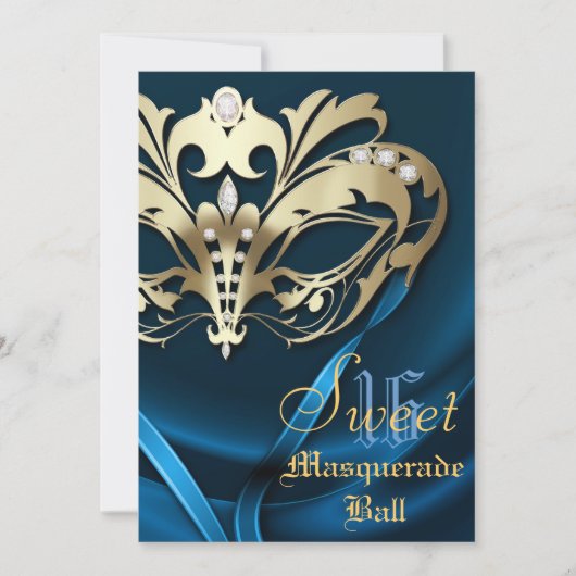 Masquerade Blue Jeweled Sweet 16 Einladung (Vorderseite)