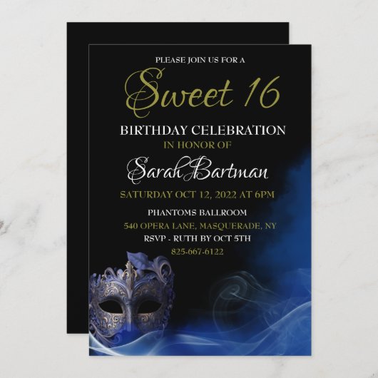 Masquerade Blue Sweet 16 Einladung (Vorne/Hinten)