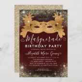 Masquerade Burgundy Gold Glitzer Geburtstagsparty Einladung (Vorne/Hinten)