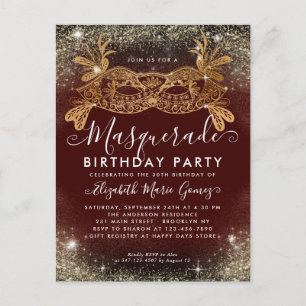 Masquerade Burgundy Gold Glitzer Geburtstagsparty Postkarte