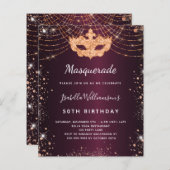 Masquerade burgundy Rose Gold Geburtstagseinladung (Vorne/Hinten)