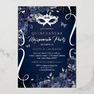 Masquerade Butterfly Navy Silver Quinceanera Folieneinladung