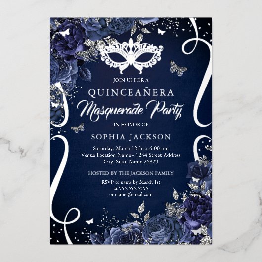 Masquerade Butterfly Navy Silver Quinceanera Folieneinladung (Vorderseite)
