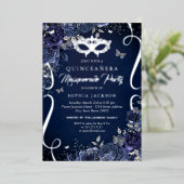 Masquerade Butterfly Navy Silver Quinceanera Folieneinladung (Stehend vorne)