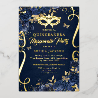 Masquerade Butterfly Royal Navy Quinceanera Folieneinladung