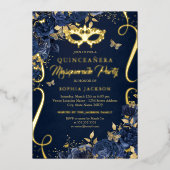 Masquerade Butterfly Royal Navy Quinceanera Folieneinladung (Vorderseite)