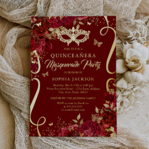 Masquerade Butterfly Royal Red Quinceanera Folieneinladung