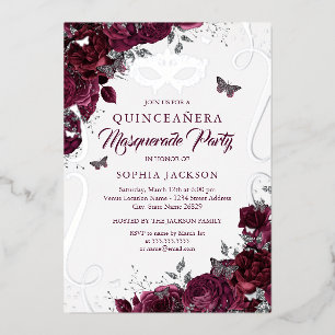Masquerade Butterfly Silver Burgundy Quinceanera Folieneinladung