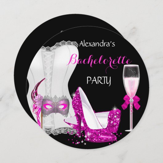 Masquerade Champagne Bachelorette Corset Pink R Einladung (Vorne/Hinten)
