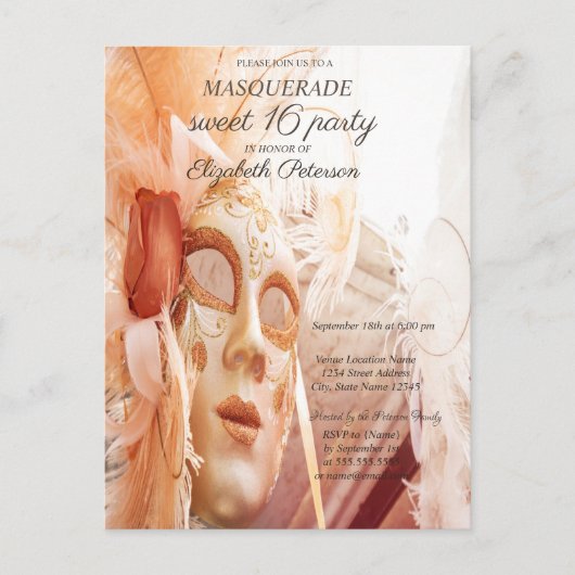 Masquerade Chic Masque Sweet 16 I Einladungspostkarte (Vorderseite)