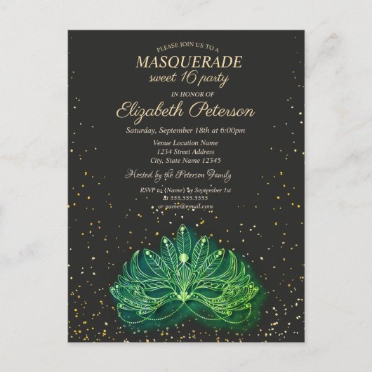 Masquerade, Confetti Green Masque Sweet 16 Einladungspostkarte (Vorderseite)