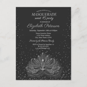 Masquerade, Confetti Masque Gray Sweet 16 Einladungspostkarte