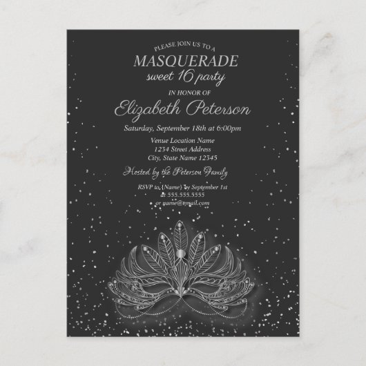 Masquerade, Confetti Masque Gray Sweet 16 Einladungspostkarte (Vorderseite)