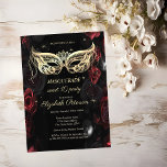 Masquerade Dark Rote Rosen Gothic Sweet 16 Einladungspostkarte<br><div class="desc">Rote Rosen und Masken auf schwarzem Hintergrund.</div>
