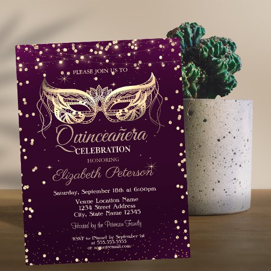 Masquerade, Diamanten, Lights Violet Quinceañera Einladung