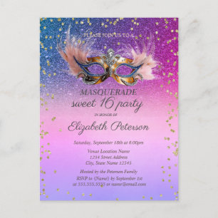 Masquerade Diamanten Lila Glitter Sweet 16  Einladungspostkarte