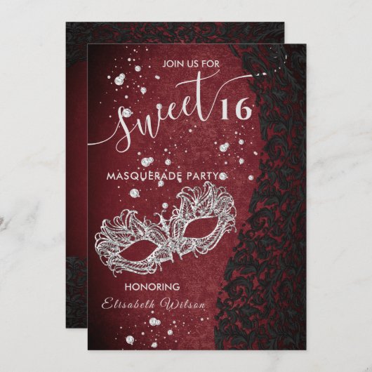 Masquerade Diamond Damask burgundy süß 16 Einladung (Vorne/Hinten)