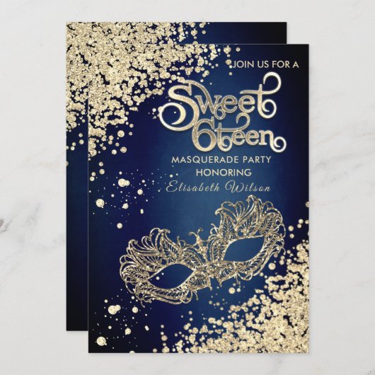 Masquerade Diamond Luxus Gold süß 16 Einladung (Vorne/Hinten)