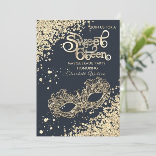 Masquerade Diamond Luxus Gold süß 16 Einladung (Stehend Vorderseite)