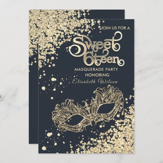 Masquerade Diamond Luxus Gold süß 16 Einladung (Vorne/Hinten)