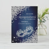 Masquerade Diamond Luxus Quinceañera Blau Einladung (Stehend Vorderseite)