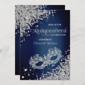 Masquerade Diamond Luxus Quinceañera Blau Einladung (Vorne/Hinten)