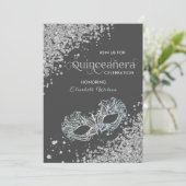 Masquerade Diamond Luxus Quinceañera grau Einladung (Stehend Vorderseite)