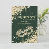 Masquerade Diamond Luxus Quinceañera grün Einladung (Stehend Vorderseite)