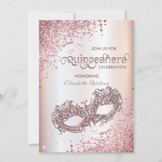 Masquerade Diamond Luxus Quinceañera Rose Gold Einladung (Vorderseite)