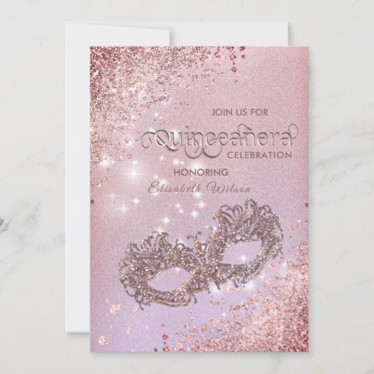 Masquerade Diamond Luxus Quinceañera Rose Gold Einladung (Vorderseite)