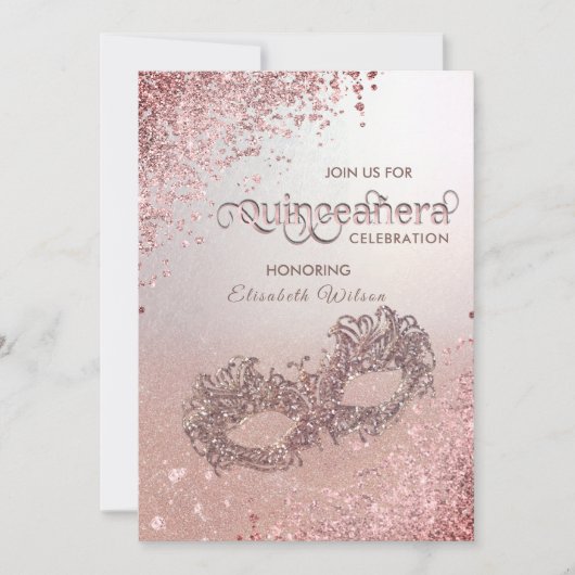 Masquerade Diamond Luxus Quinceañera Rose Gold Einladung (Vorderseite)