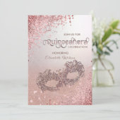 Masquerade Diamond Luxus Quinceañera Rose Gold Einladung (Stehend Vorderseite)