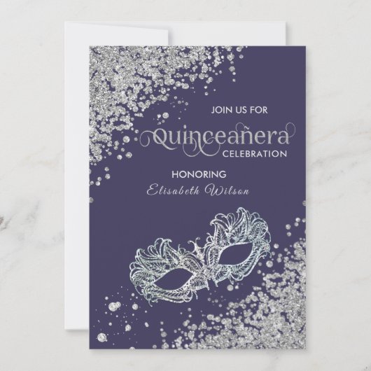 Masquerade Diamond Luxus Quinceañera Violett Einladung (Vorderseite)