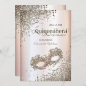 Masquerade Diamond Luxus Quinceañera weiches Rosa Einladung (Vorne/Hinten)