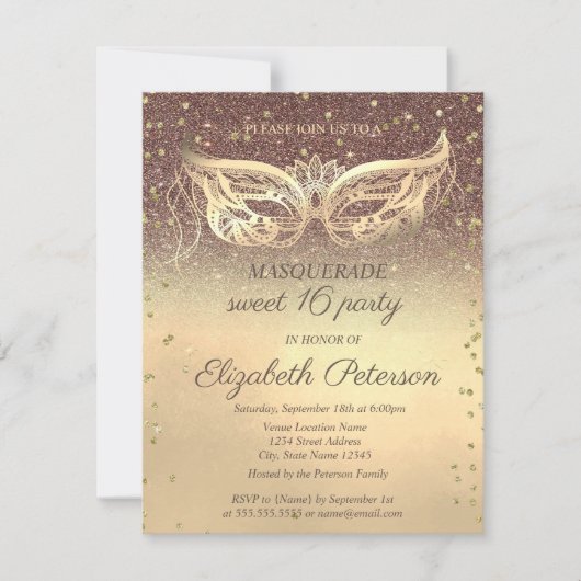 Masquerade Diamonds Glitzer Gold Sweet 16 Einladung (Vorderseite)