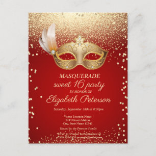 Masquerade Diamonds, Masque, Roter Sweet 16 Einladungspostkarte